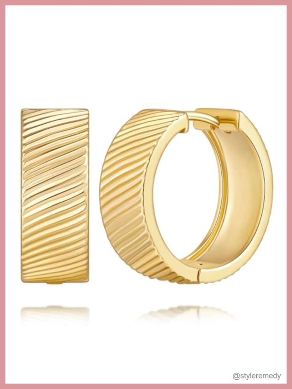 14K Gold Plated Hoop Earrings Wide Band Twill Texture Women